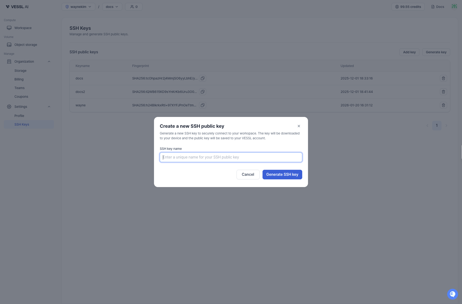 Generate SSH key dialog screenshot