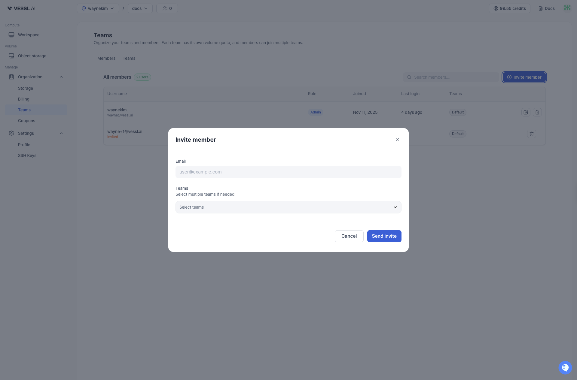 Invite member dialog screenshot