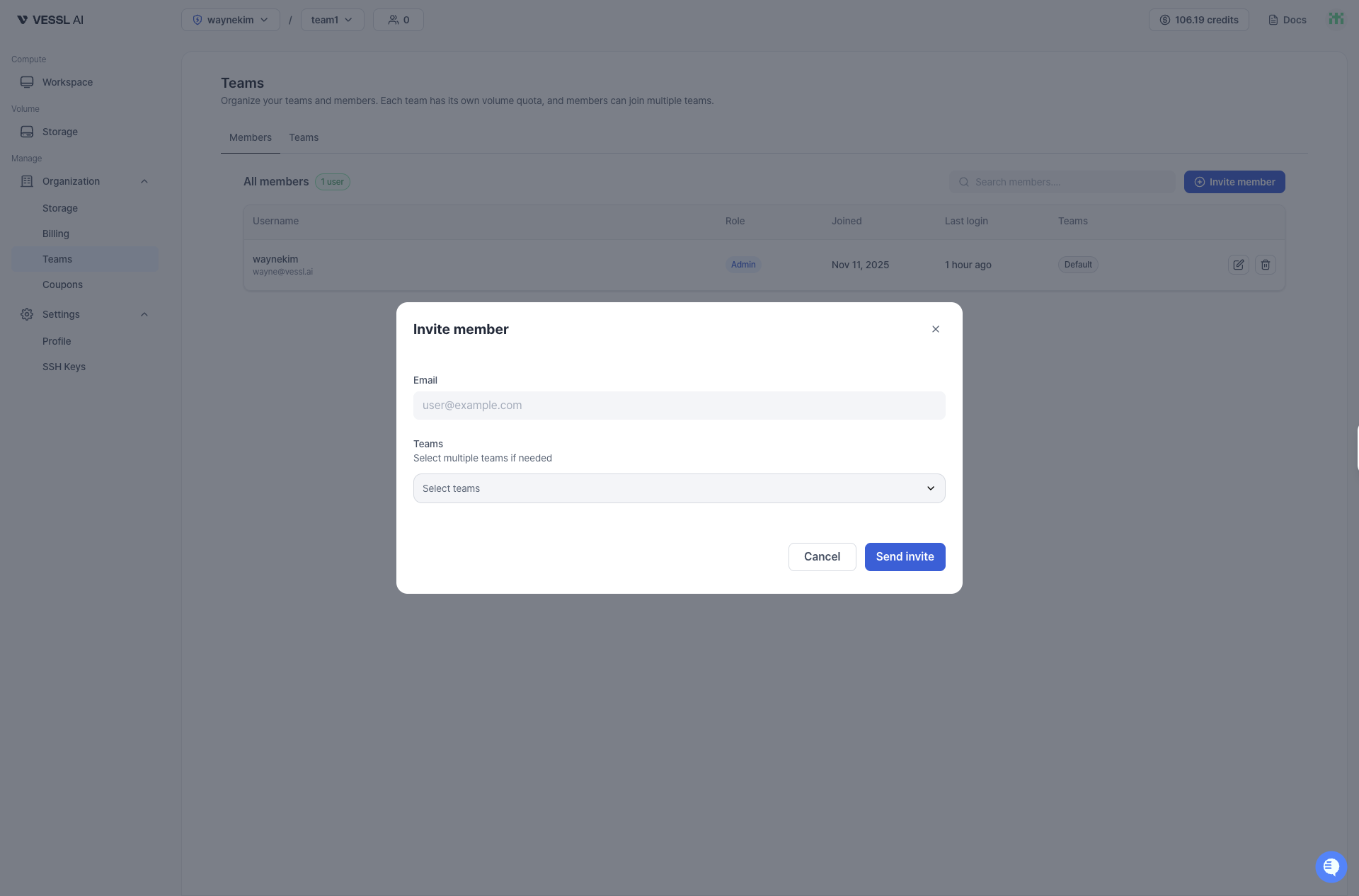 Invite teammates on VESSL.