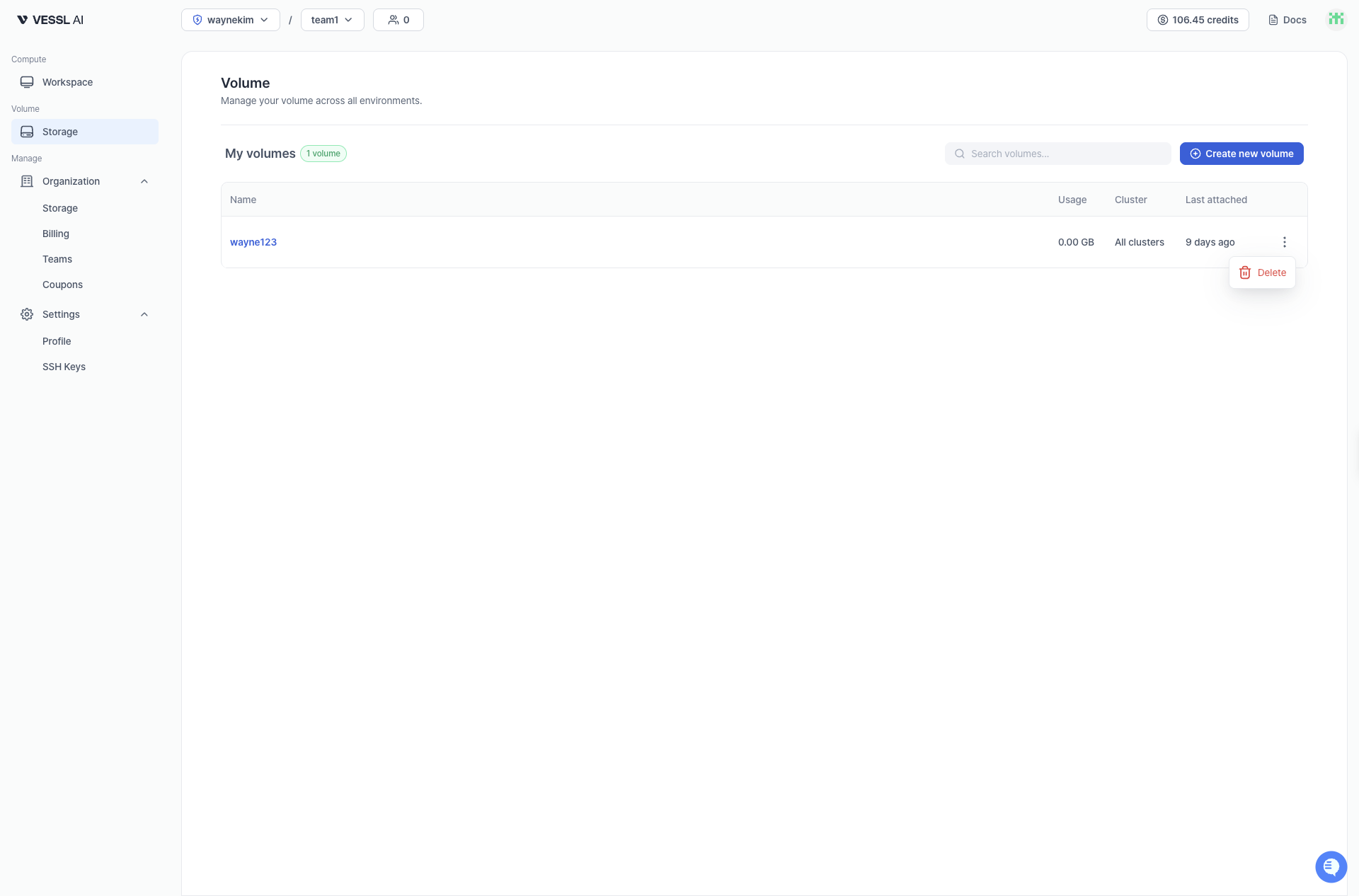 Volume list on VESSL.