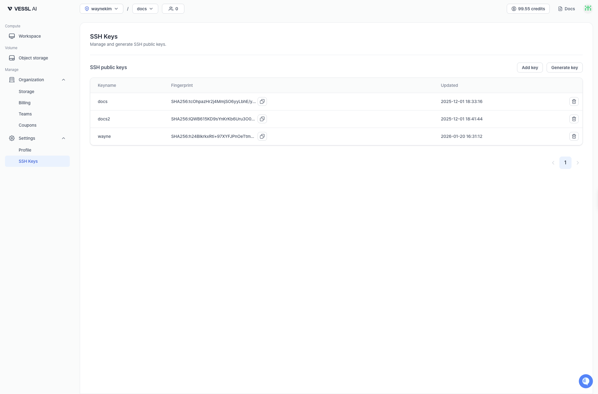 SSH keys list screenshot