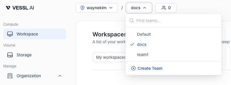 Select team on VESSL.