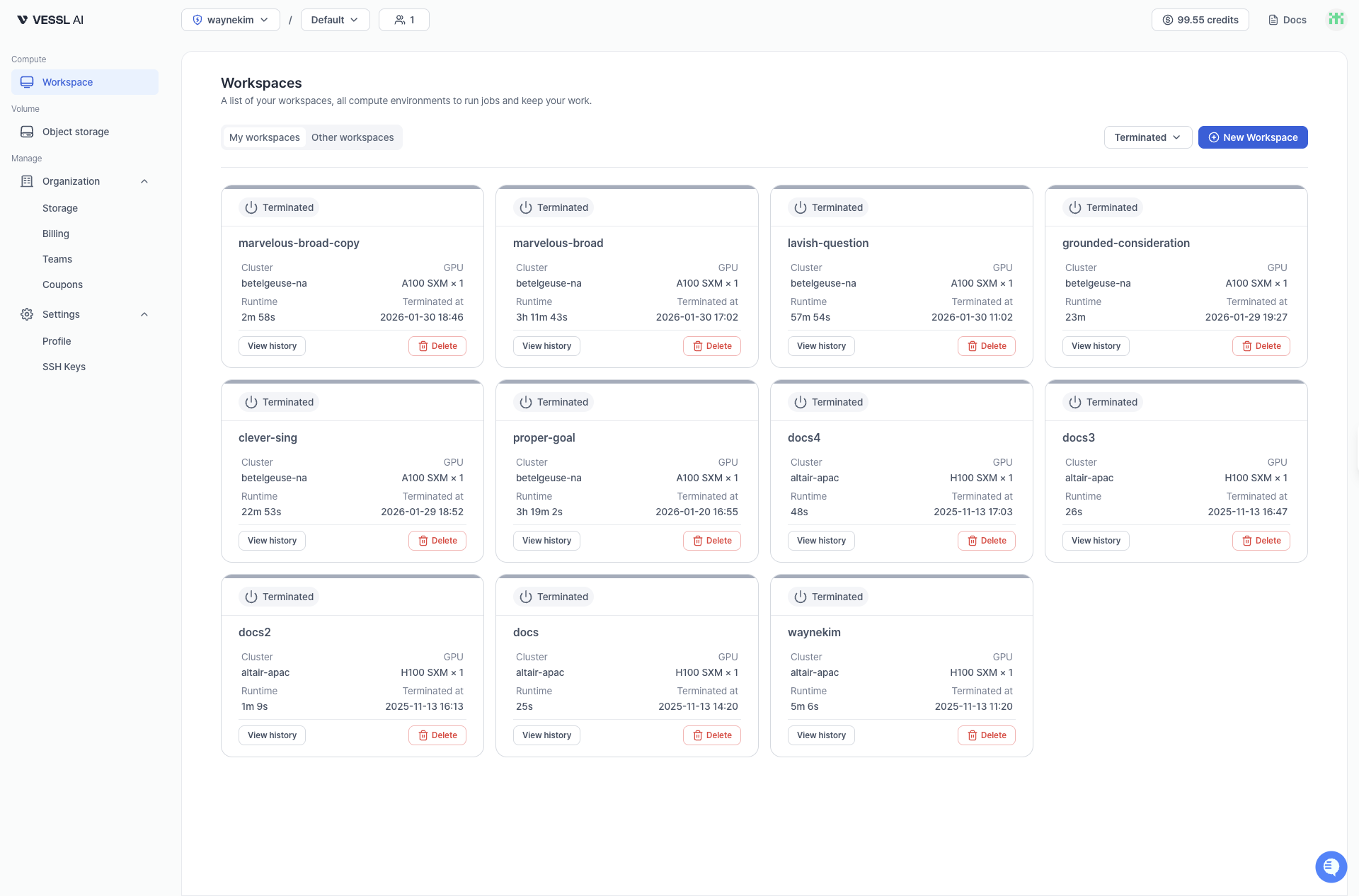 Terminated workspaces list screenshot
