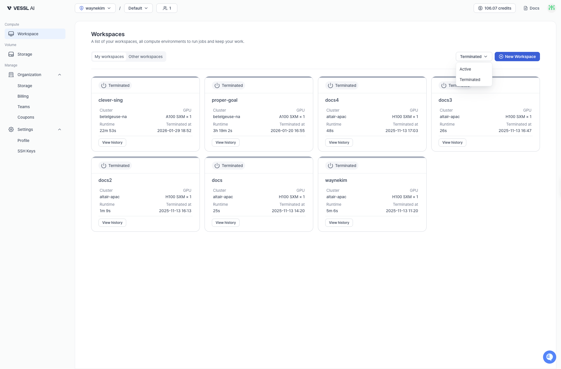 View terminated workspaces on VESSL.