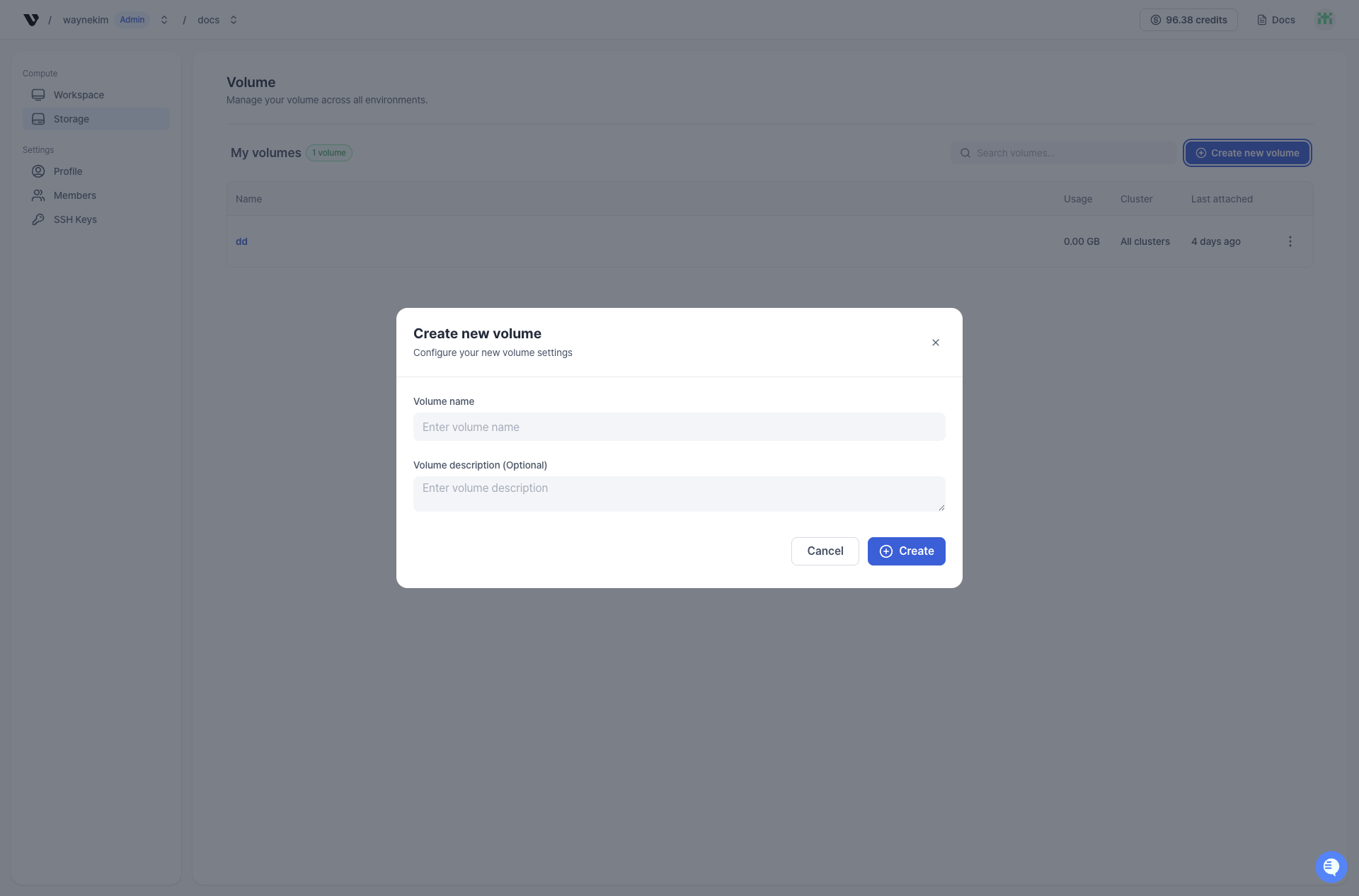 Create new volume on VESSL.