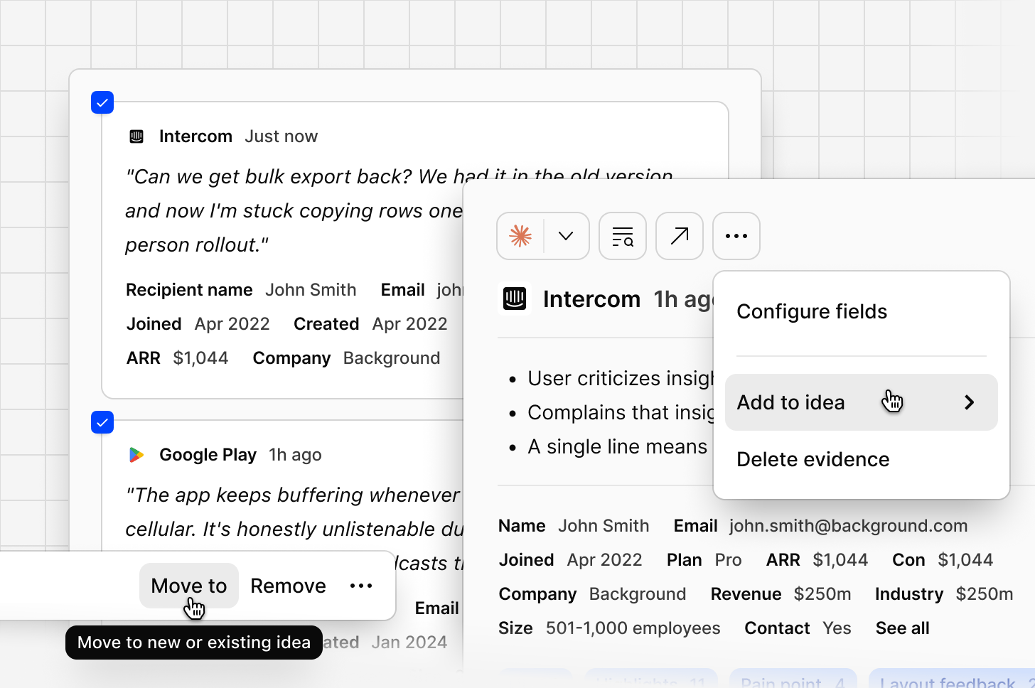 Adding selected evidence to a new or existing idea