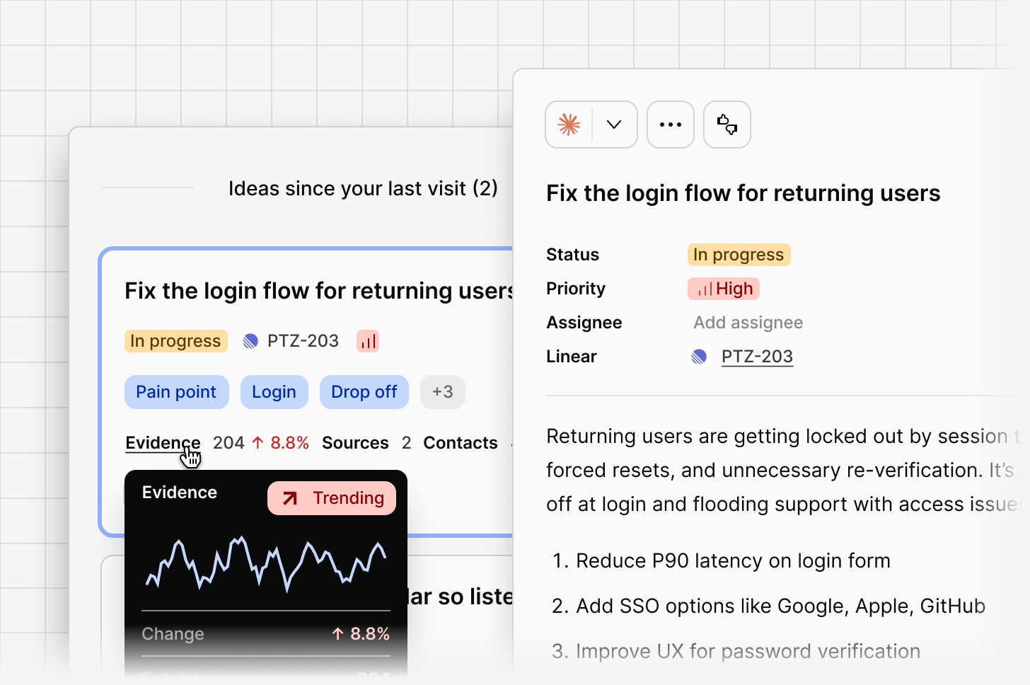 The Ideas feed beside an open idea showing status and recommendations