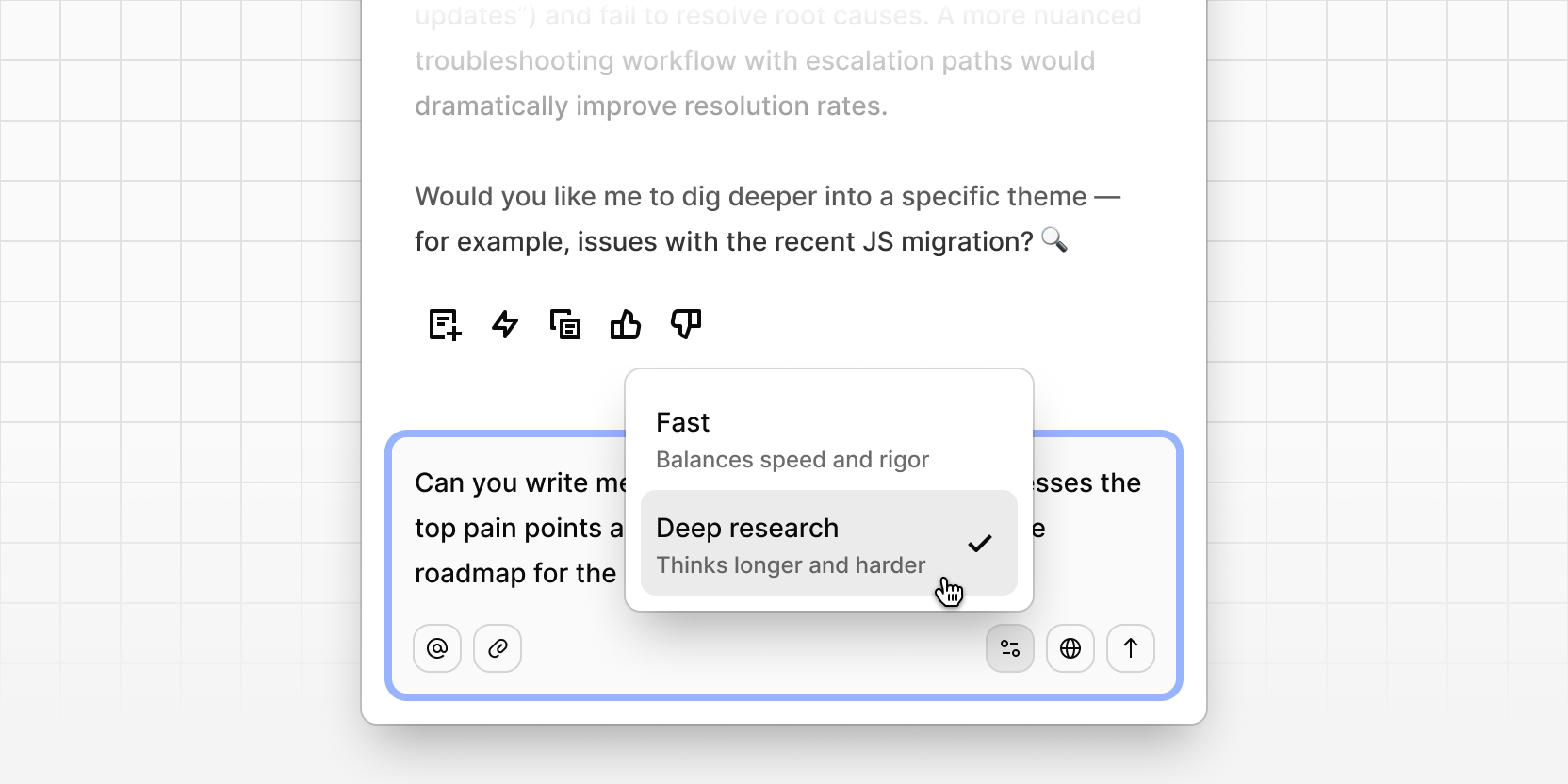 The Fast and Deep research mode selector in the Chat toolbar