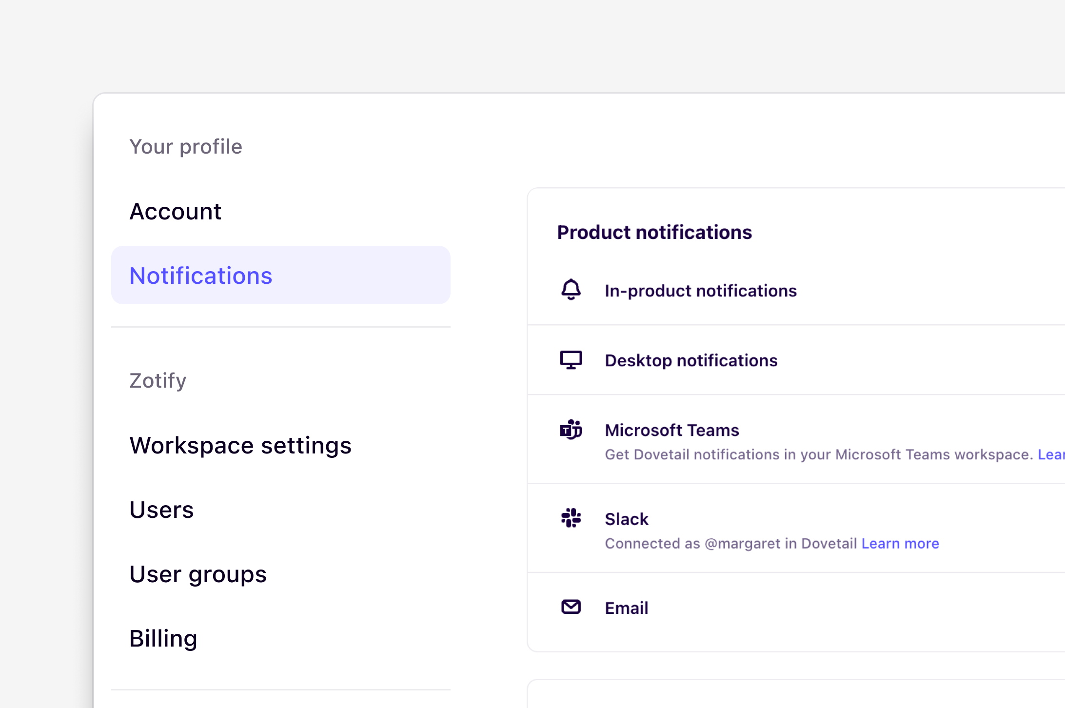 Notification settings - Dovetail