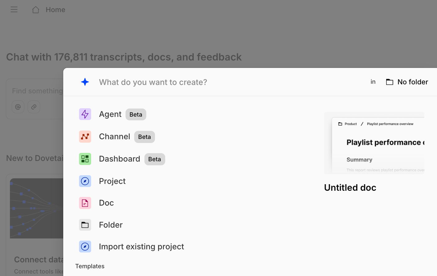 A Dovetail workspace showing folders, projects, and channels in the sidebar