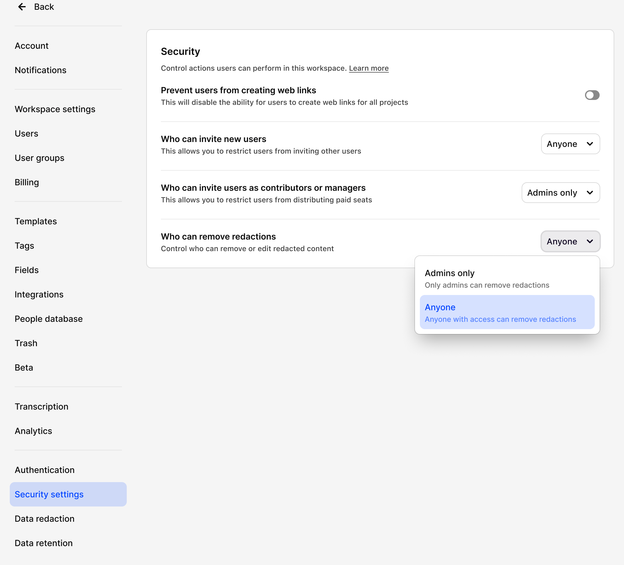 Settings Data Redaction Suggest Light