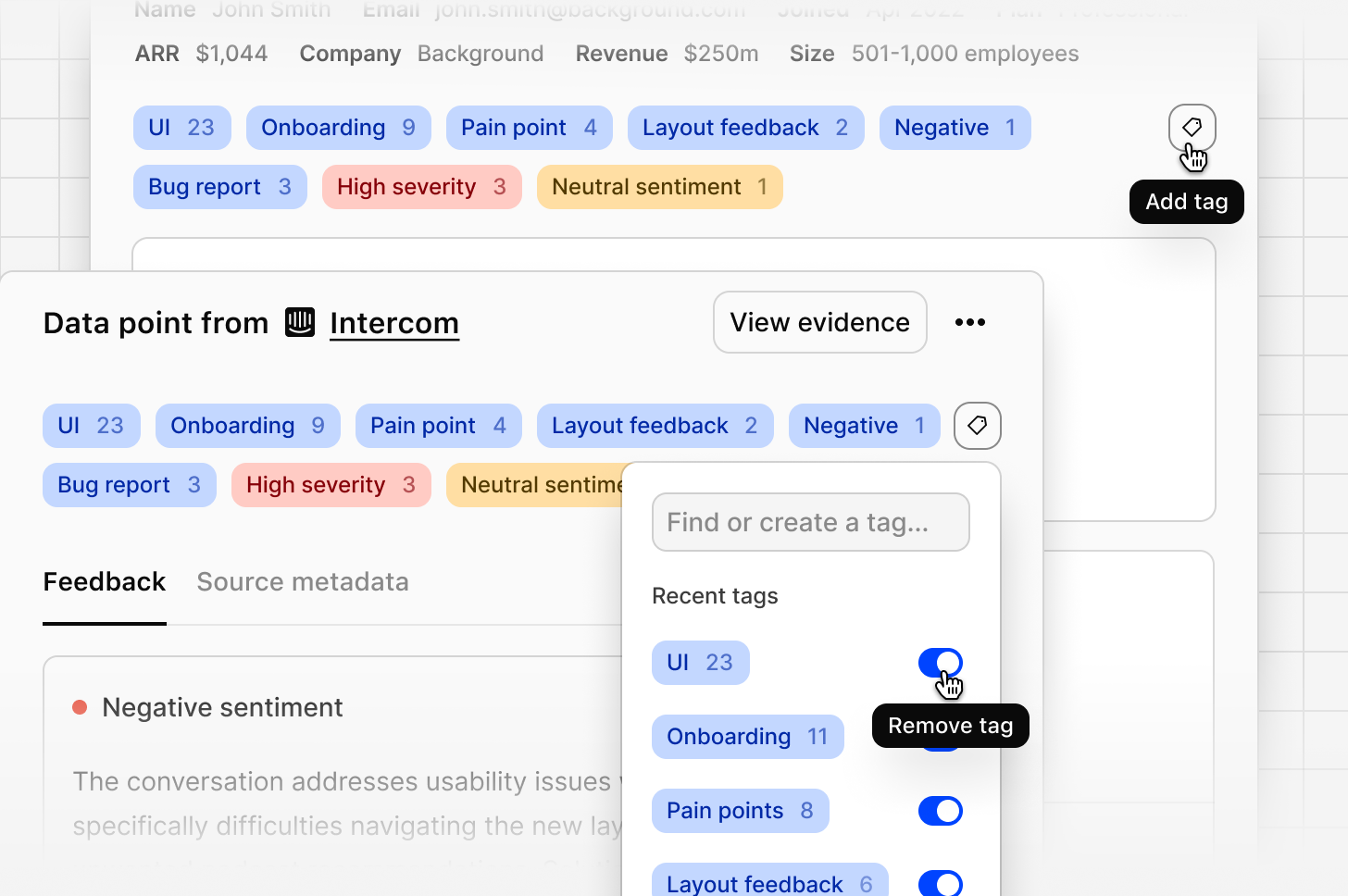 Evidence card with the tag menu open, showing toggles to add and remove tags