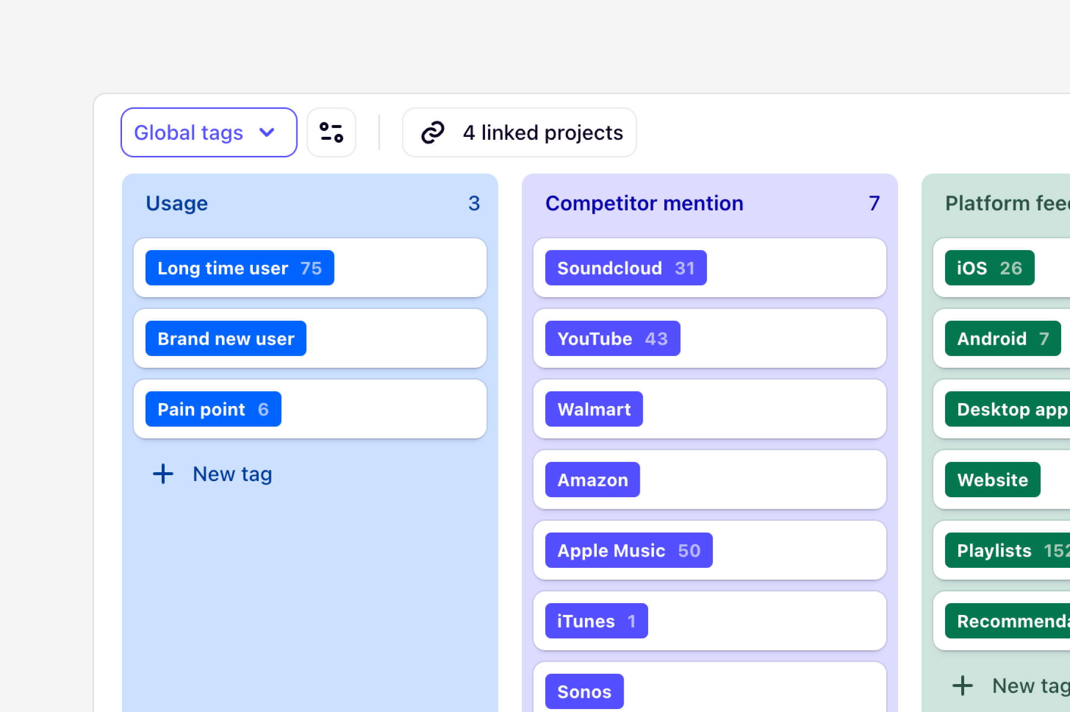 A workspace tag board of global tags shared across projects