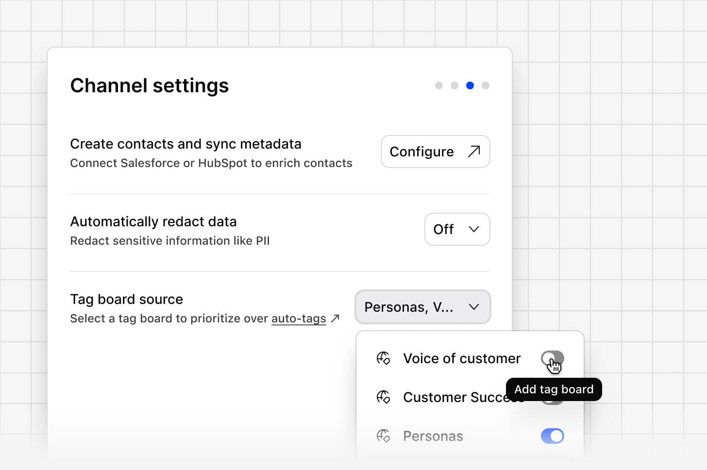 Channel settings dropdown for linking an existing workspace tag board