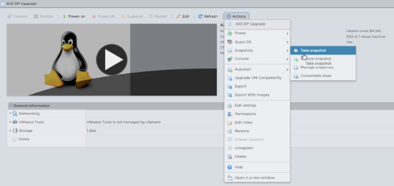 VMware Take Snapshot menu
