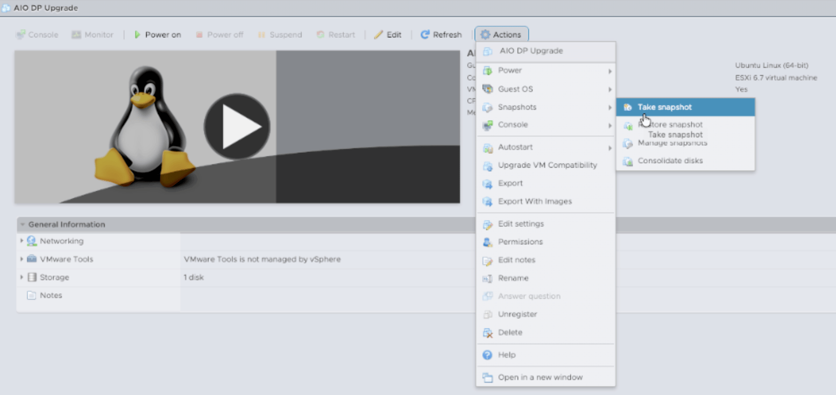 VMware Take Snapshot menu