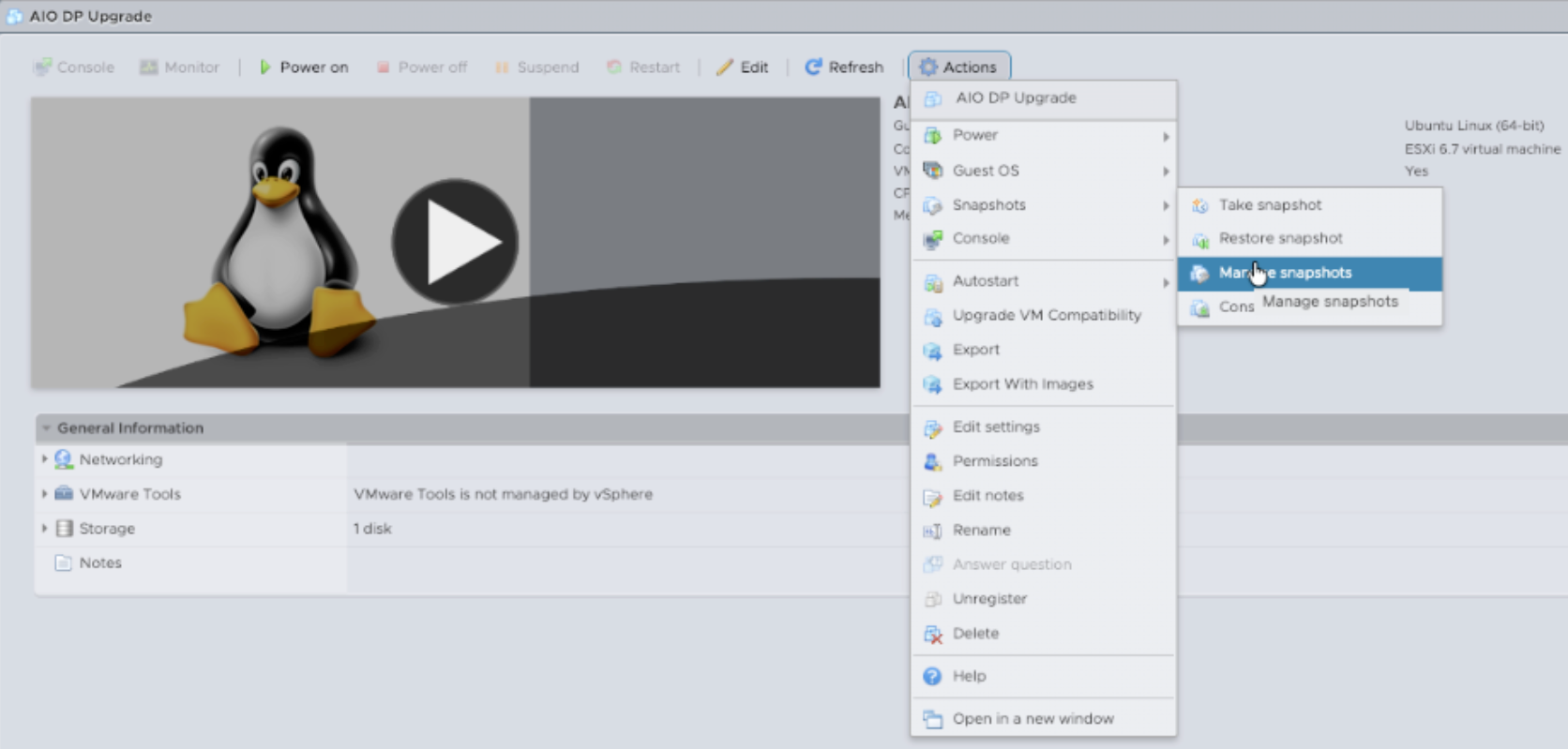 VMware snapshot manager showing pre-upgrade snapshot
