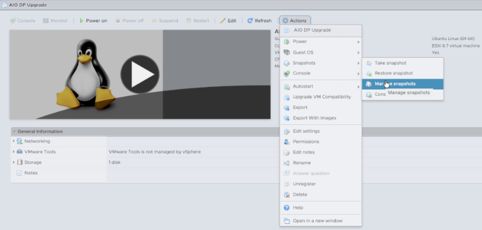 VMware snapshot manager showing pre-upgrade snapshot