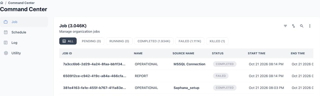 Command Center with the Job, Schedule, Log and Utility sections in the left-hand sidebar