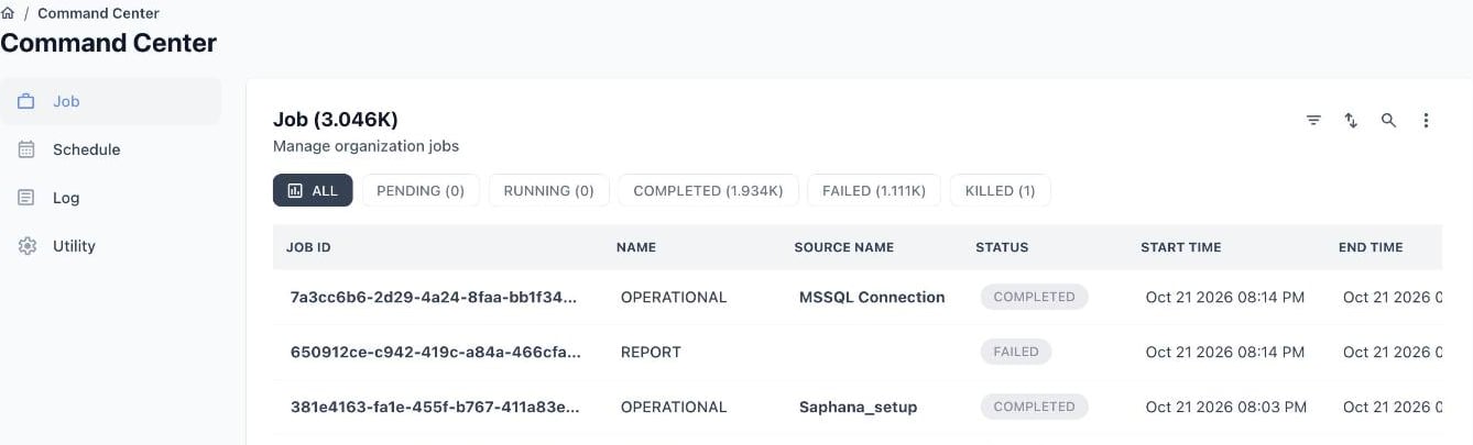 Command Center with the Job, Schedule, Log and Utility sections in the left-hand sidebar