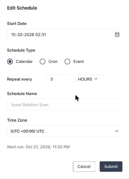 Edit Schedule panel with Start Date, Schedule Type, Repeat every, Schedule Name and Time Zone fields
