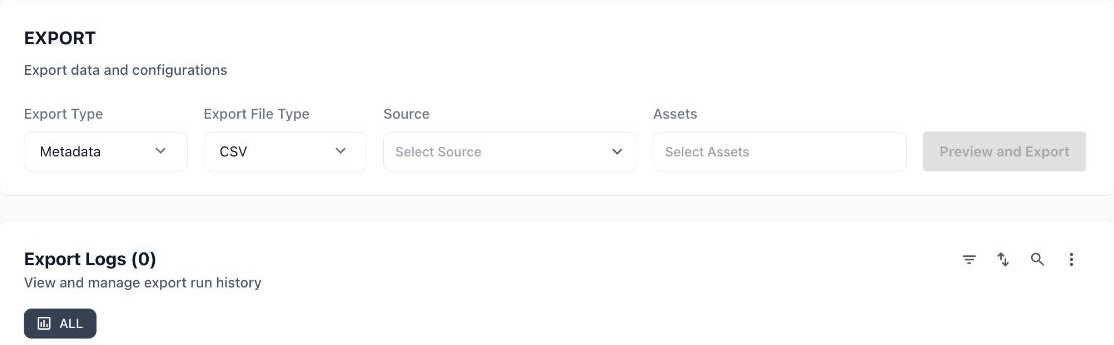 Utility Export tab with Export Type, Export File Type, Source and Assets fields and the Export Logs table