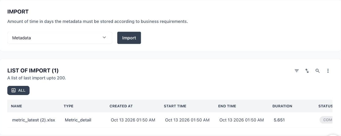 Utility Import tab with a data type dropdown, an Import button and the LIST OF IMPORT table