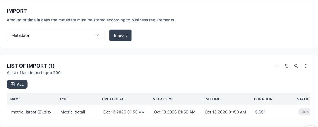 Utility Import tab with a data type dropdown, an Import button and the LIST OF IMPORT table