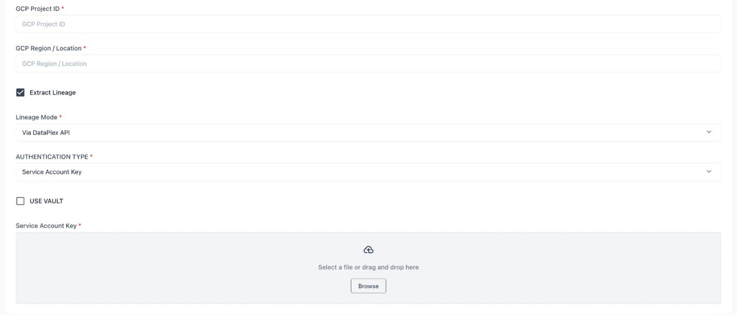 The BigQuery lineage and authentication fields with the Service Account Key upload area