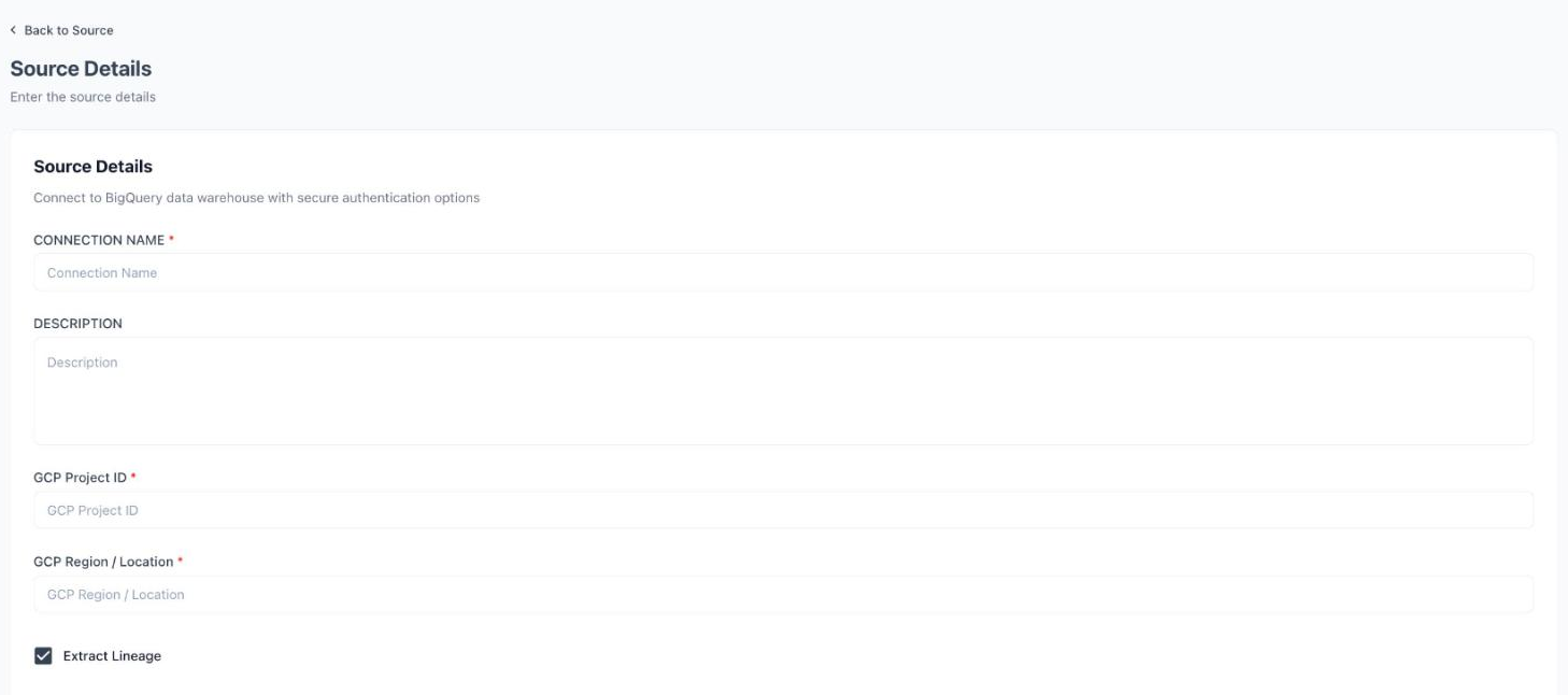 The BigQuery Source Details form