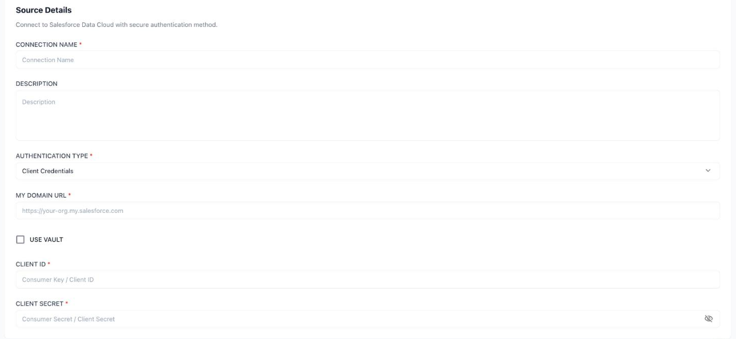 The Salesforce Data Cloud Source Details form