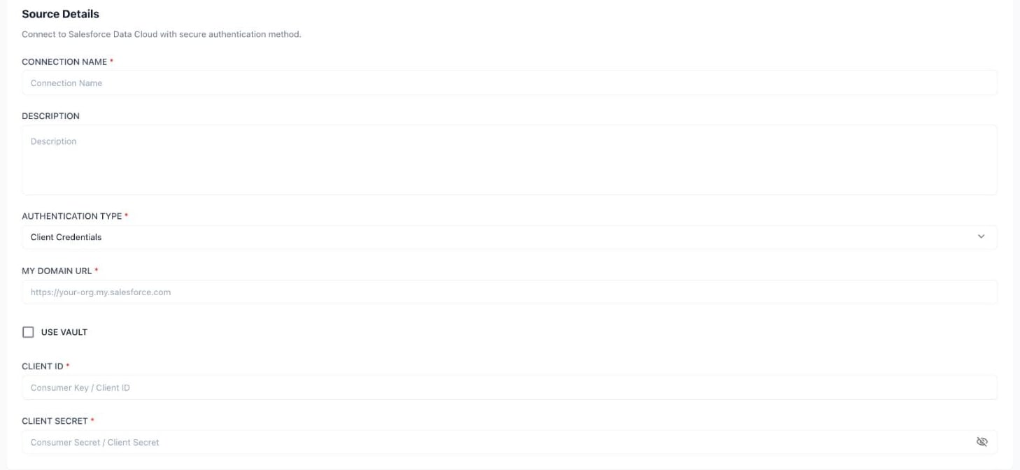 The Salesforce Data Cloud Source Details form