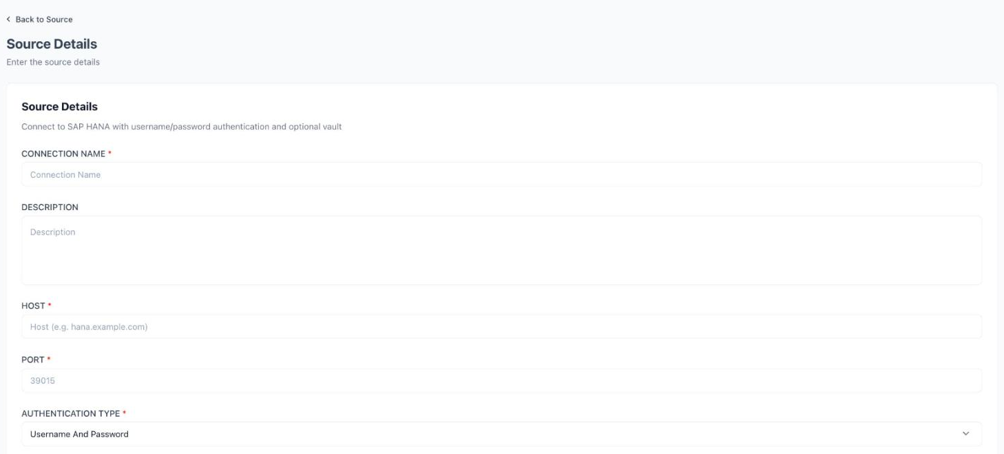 The SAP HANA Source Details form