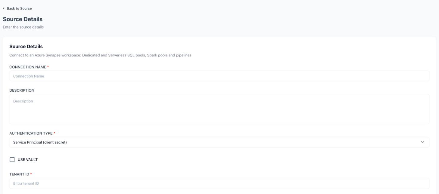 The Synapse Source Details form with Service Principal (client secret) selected