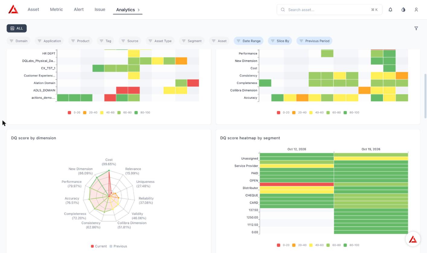 DQ score by dimension radar chart and DQ score heatmap by segment