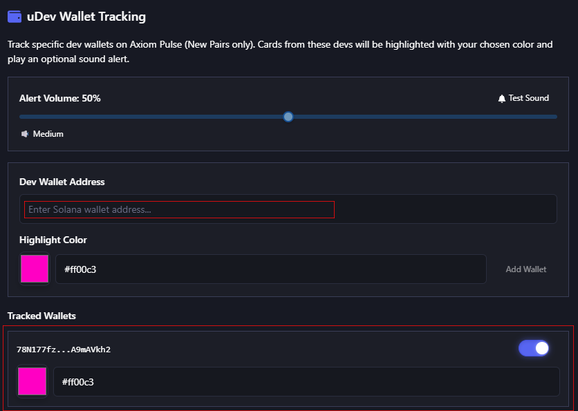 Wallet Tracking Settings