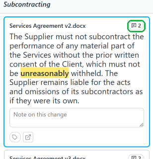 A version card in the Clause panel with a comment badge showing a count of two