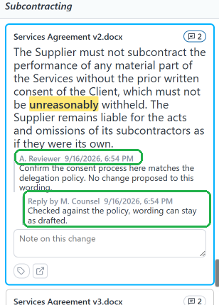 The expanded comment thread showing a comment with its author and date, and an indented reply beneath it