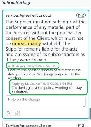 The expanded comment thread showing a comment with its author and date, and an indented reply beneath it