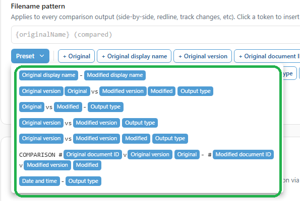 The Preset menu open in Draftable Legal 26.6, showing the available preset filename patterns