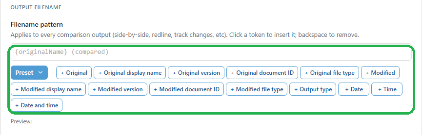 The Filename pattern field in Draftable Legal 26.6 with the row of token buttons below it