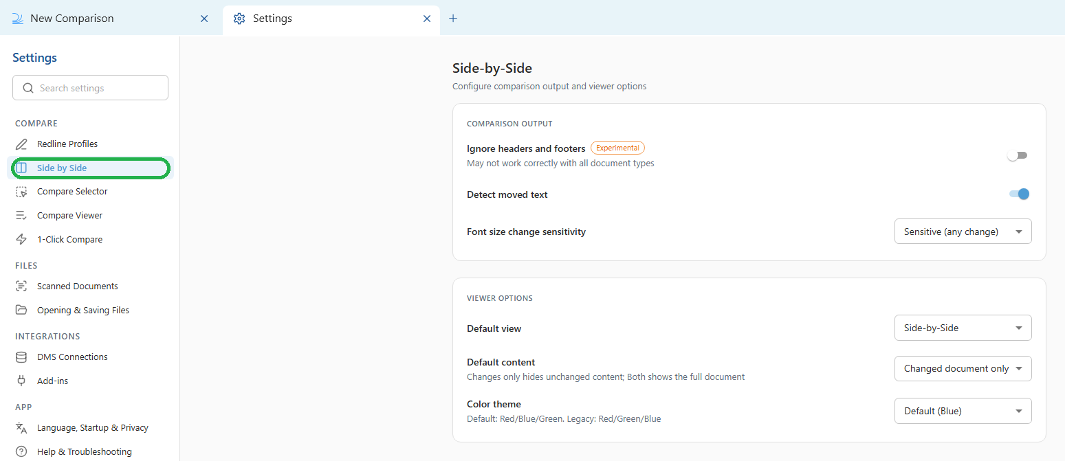 The Side by Side settings in Draftable Legal 26.6