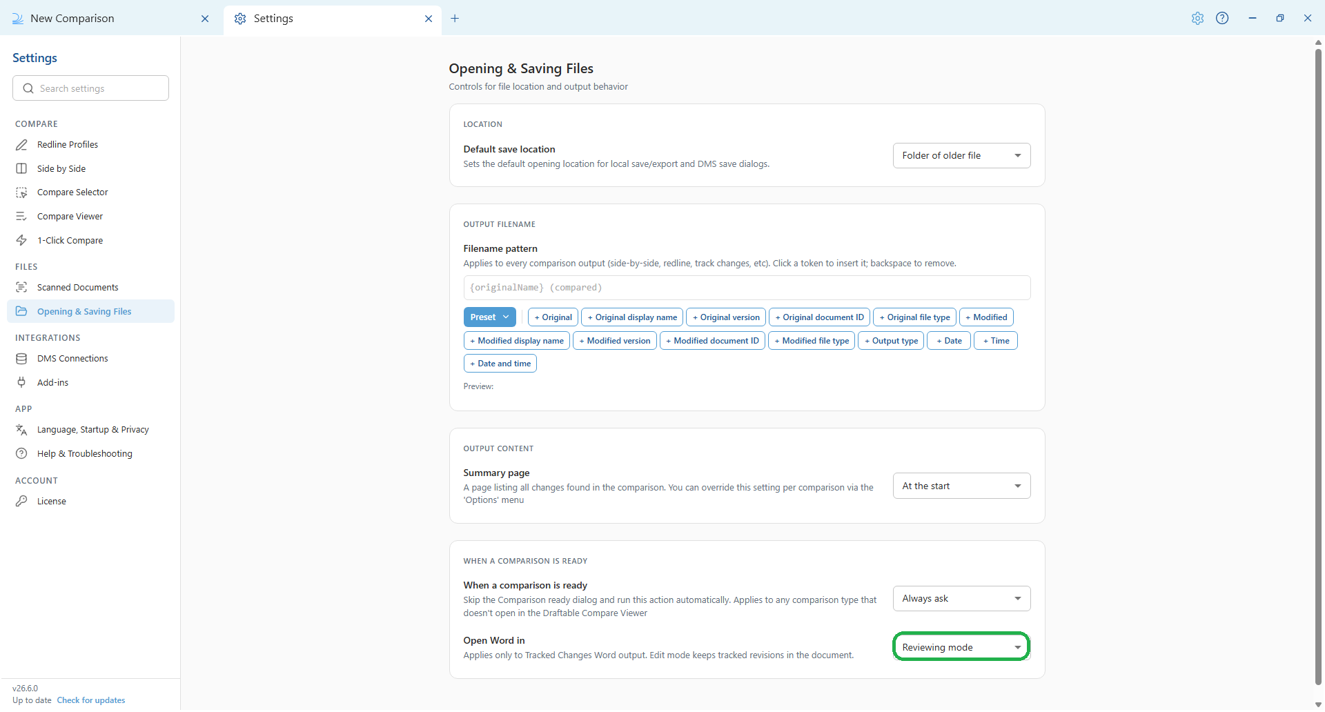 Opening & Saving Files settings in Draftable Legal 26.6