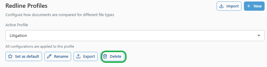 Selecting the profile in the Active Profile dropdown and the Delete button in 26.6