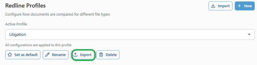 Selecting the profile in the Active Profile dropdown and the Export button in 26.6
