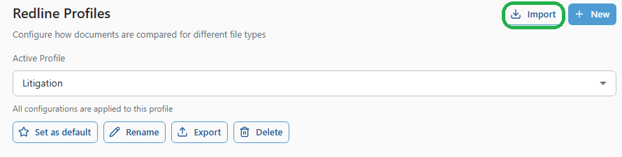 The Import button in the top right of the Redline Profiles screen in 26.6
