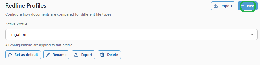 The New button in the top right of the Redline Profiles screen in 26.6