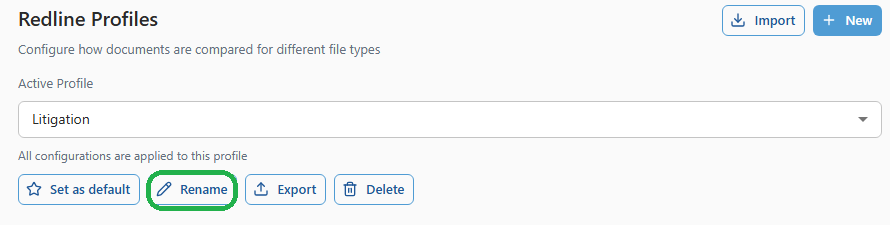 Selecting the profile in the Active Profile dropdown and the Rename button in 26.6