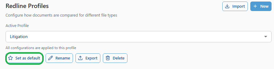 The Set as default button at the top of the Redline Profiles screen in 26.6