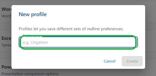 The New profile dialog in 26.6, with a single profile name field and a Create button